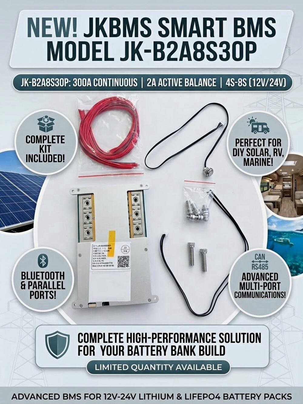 JKBMS JK-B2A8S30P SmartBMS 300A 4S-8S 12V 24V LiFePO4 2A Active Balance CAN Heat